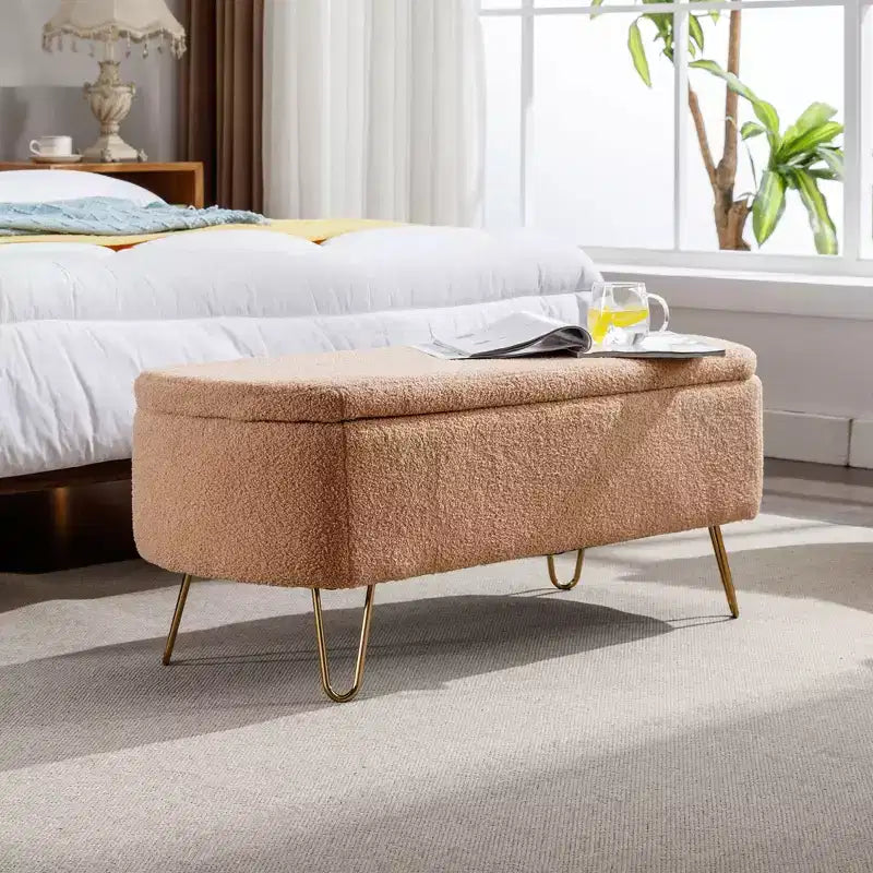 Zeus & Ruta Modern Upholstered Storage Ottoman Bench for End of Bed Gold Legs
