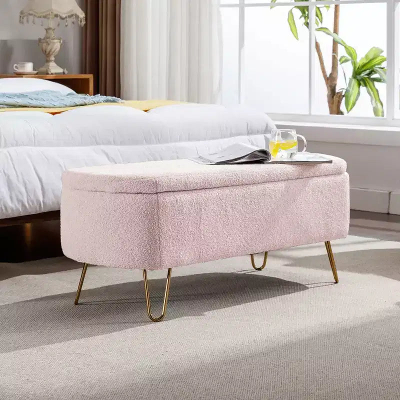 Zeus & Ruta Modern Upholstered Storage Ottoman Bench for End of Bed Gold Legs
