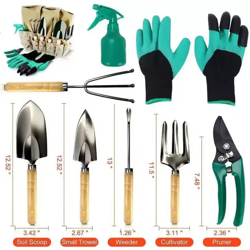SCUDDLES Heavy Duty Garden Tool Bag with Outdoor Hand Tools - Stainless Steel Garden Tool Kit, Gloves, and Storage Tote (8-Piece Set)