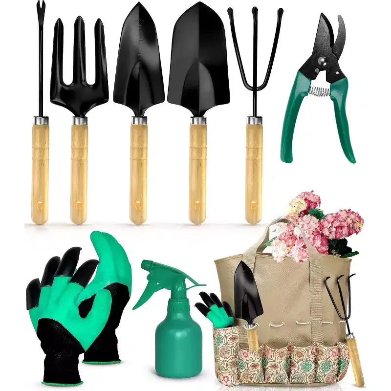 SCUDDLES Heavy Duty Garden Tool Bag with Outdoor Hand Tools - Stainless Steel Garden Tool Kit, Gloves, and Storage Tote (8-Piece Set)