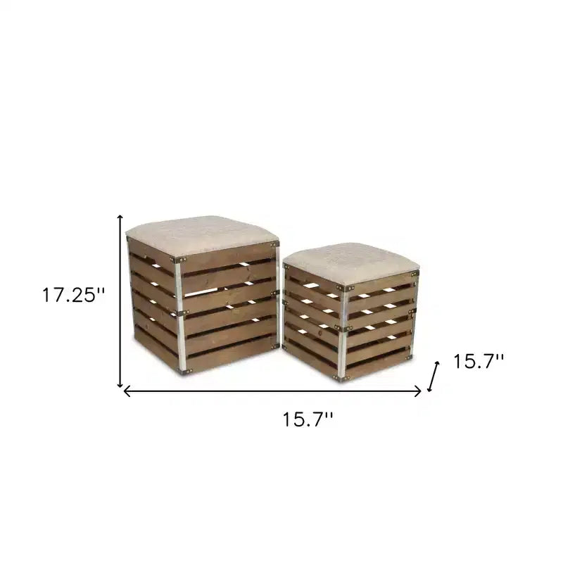 HomeRoots Set Of 2 Square Brown Linen Fabric And Wood Slats Storage Benches