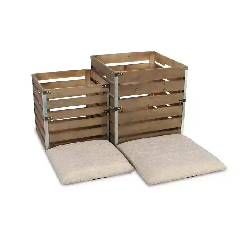 HomeRoots Set Of 2 Square Brown Linen Fabric And Wood Slats Storage Benches