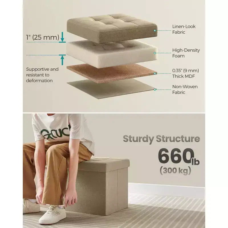 Storage Ottoman, Foldable Storage Bench, 15 x 30 x 15 Inches, Flipping Lid, 660 lb Load Capacity