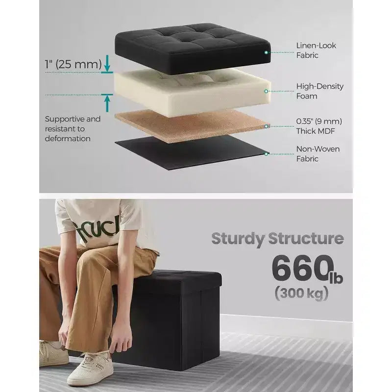 Storage Ottoman, Foldable Storage Bench, 15 x 30 x 15 Inches, Flipping Lid, 660 lb Load Capacity