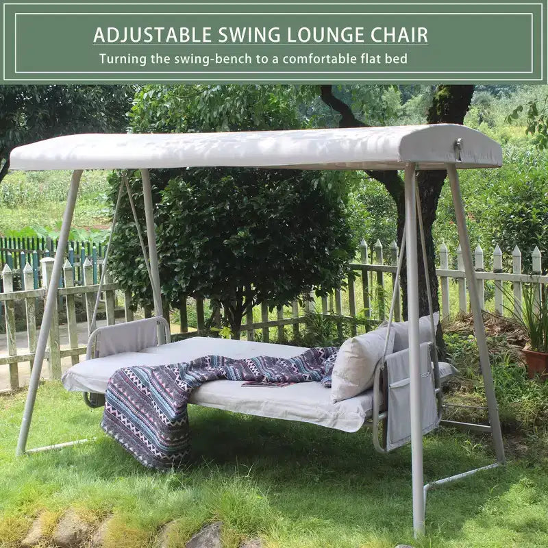 Whisen 93.8 in. W 3-Person Metal Patio Swing Chair Swing Bed with Cushion and Adjustable Canopy