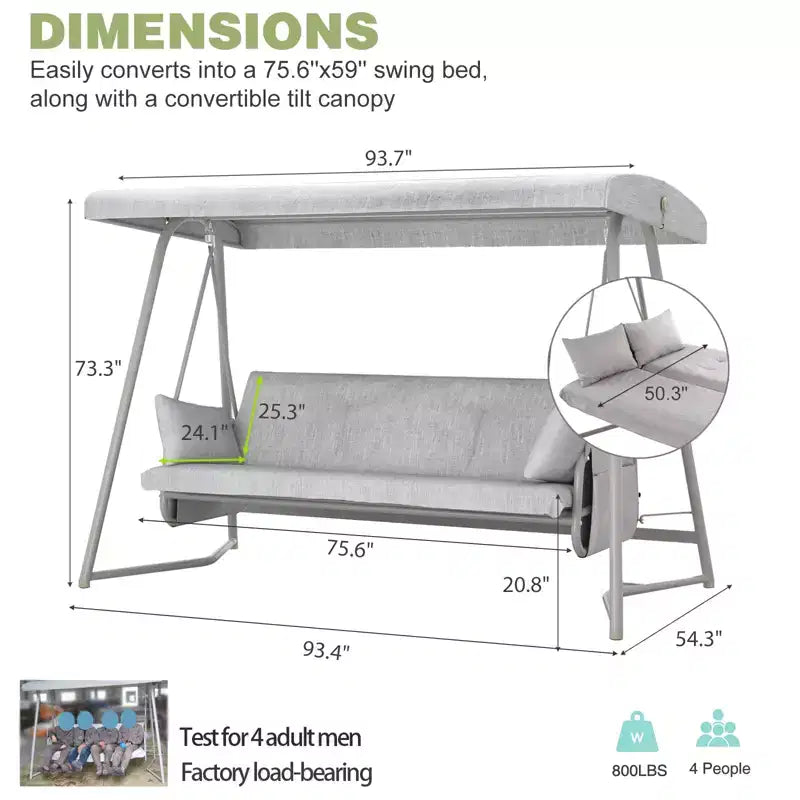 Whisen 93.8 in. W 3-Person Metal Patio Swing Chair Swing Bed with Cushion and Adjustable Canopy