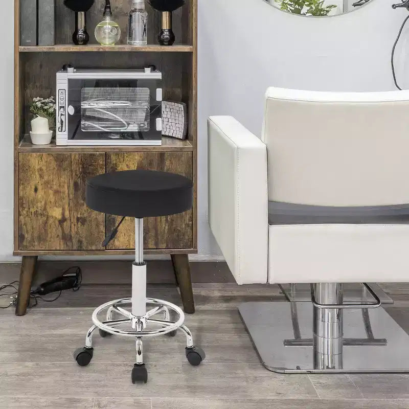 BestMassage Round Rolling Stool Salon Stool with Foot Rest PU Leather Cushion, Black