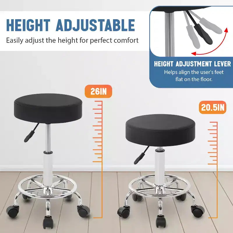 BestMassage Round Rolling Stool Salon Stool with Foot Rest PU Leather Cushion, Black