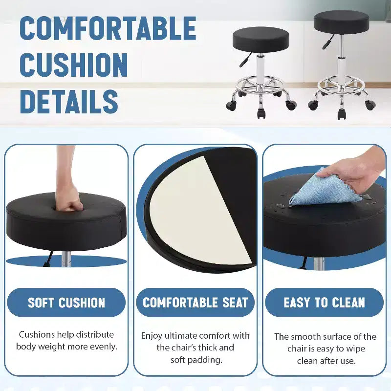 BestMassage Round Rolling Stool Salon Stool with Foot Rest PU Leather Cushion, Black