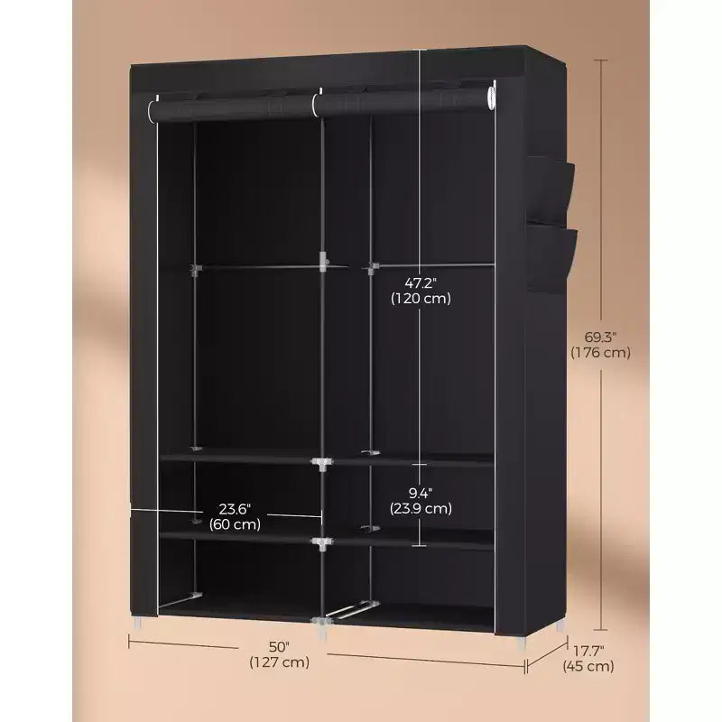 Portable Closet Wardrobe with Shoe Rack and Cover, Closet Storage Organizer, Shelves, and 4 Side Pockets, 50 x 17.7 x 69.3 Inches