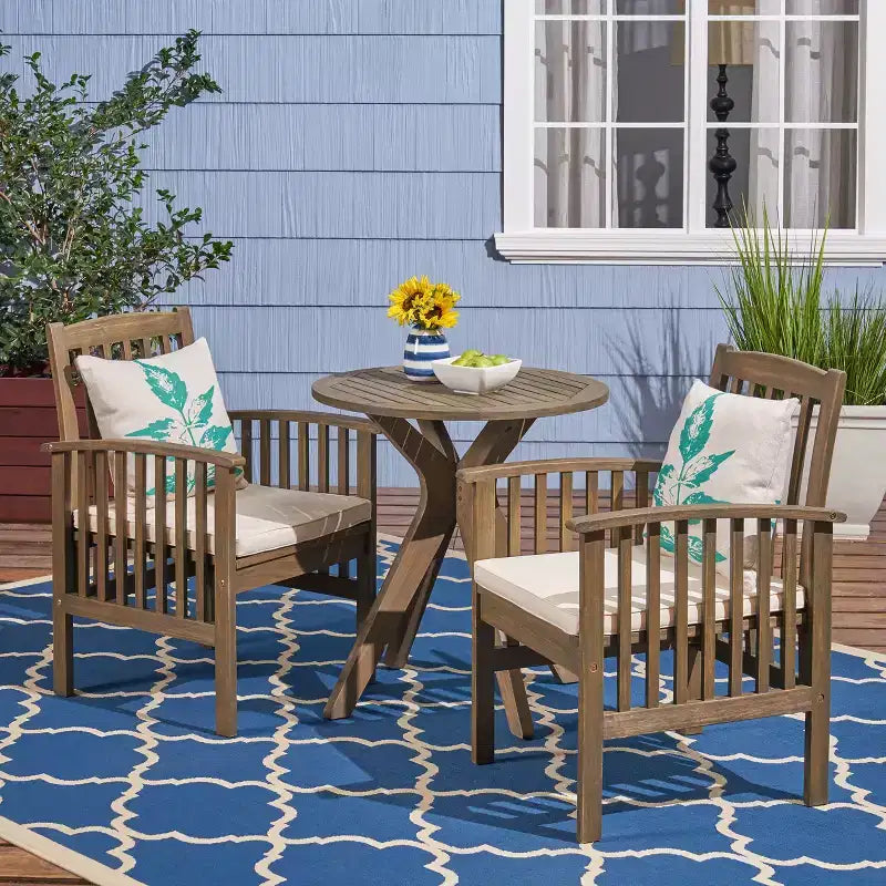 Christopher Knight Home Genois Outdoor Acacia Wood 3 Piece Bistro Set with Water Resistant Cushion
