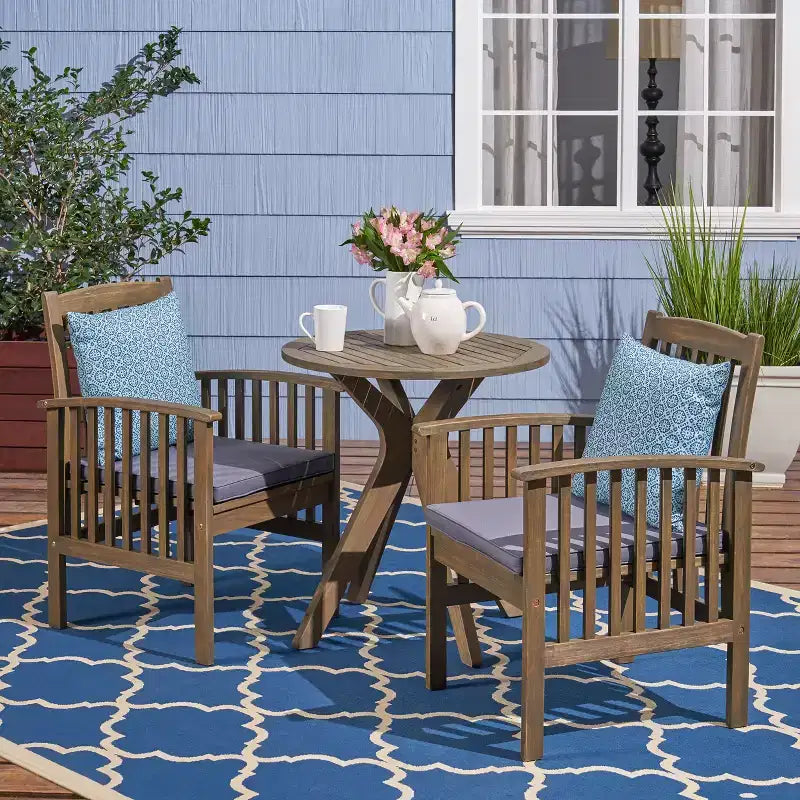 Christopher Knight Home Genois Outdoor Acacia Wood 3 Piece Bistro Set with Water Resistant Cushion