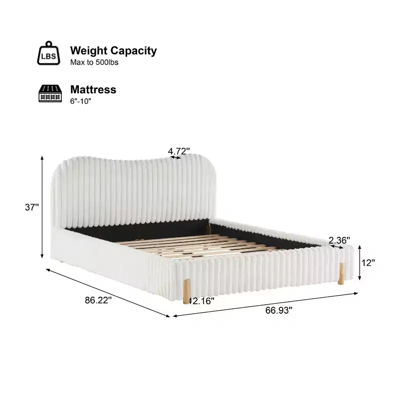 Christopher Knight Home Merrill Boucle Upholstered Platform Bed with Wavy Headboard and Vertical Stitching, White