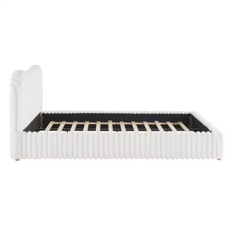 Christopher Knight Home Merrill Boucle Upholstered Platform Bed with Wavy Headboard and Vertical Stitching, White