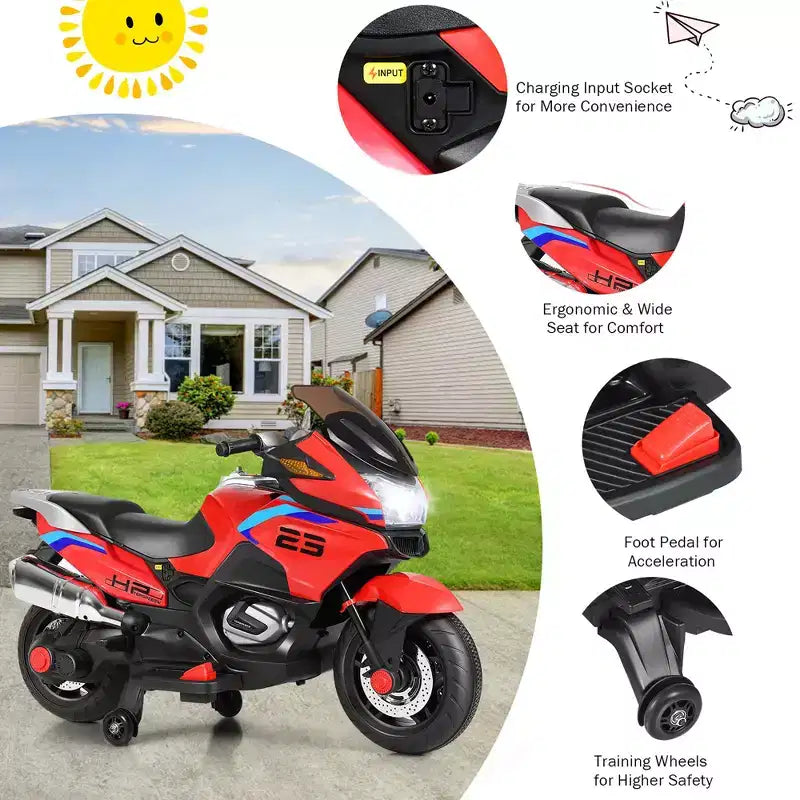 Costway 12V Kids Ride On Motorcycle Electric Motor Bike w/ Training Wheels & Light Black