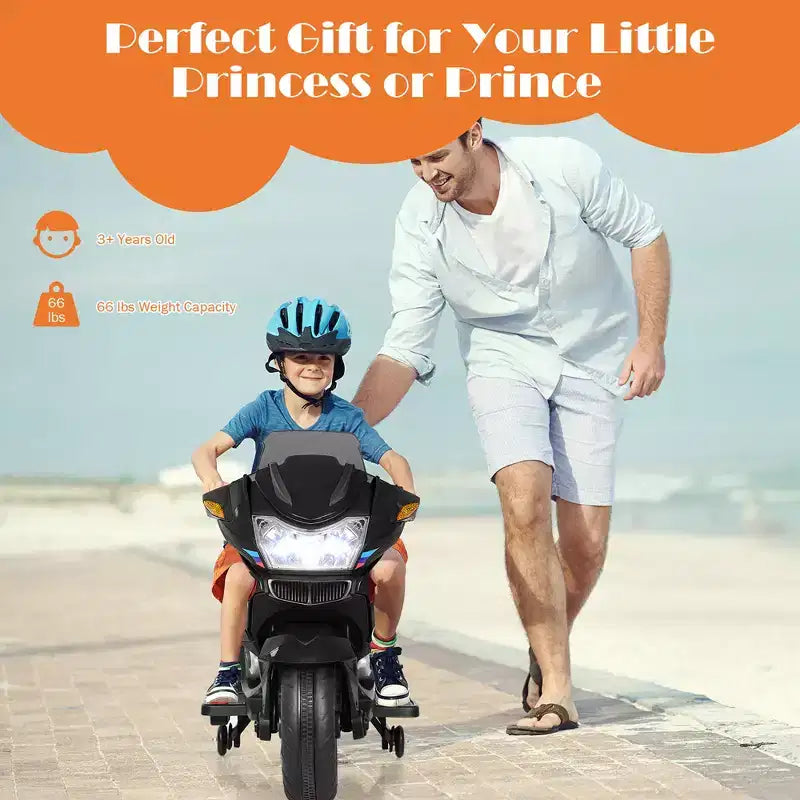 Costway 12V Kids Ride On Motorcycle Electric Motor Bike w/ Training Wheels & Light Black