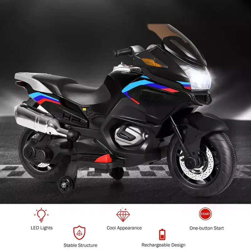 Costway 12V Kids Ride On Motorcycle Electric Motor Bike w/ Training Wheels & Light Black