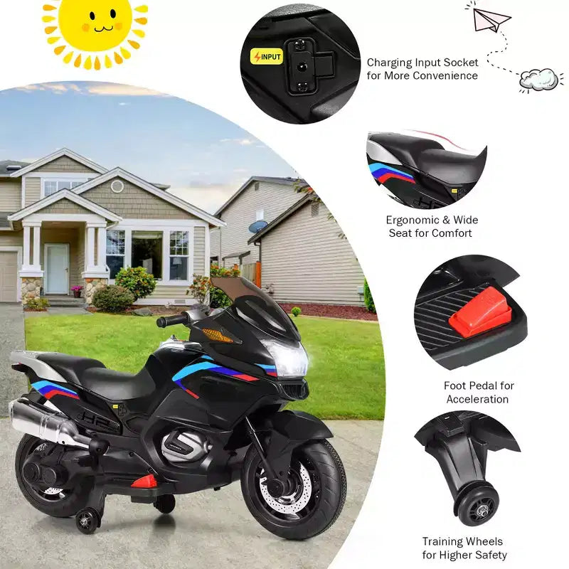 Costway 12V Kids Ride On Motorcycle Electric Motor Bike w/ Training Wheels & Light Black