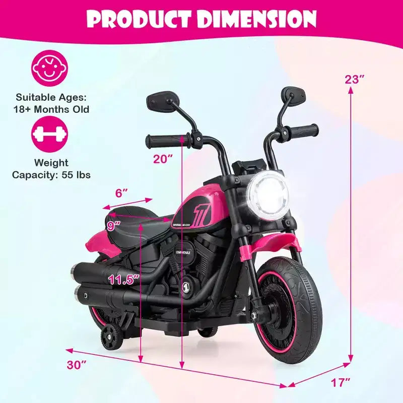 Costway 6V Kids Electric Motorcycle with Training Wheels LED Headlights Music Board Blue/Pink/Red