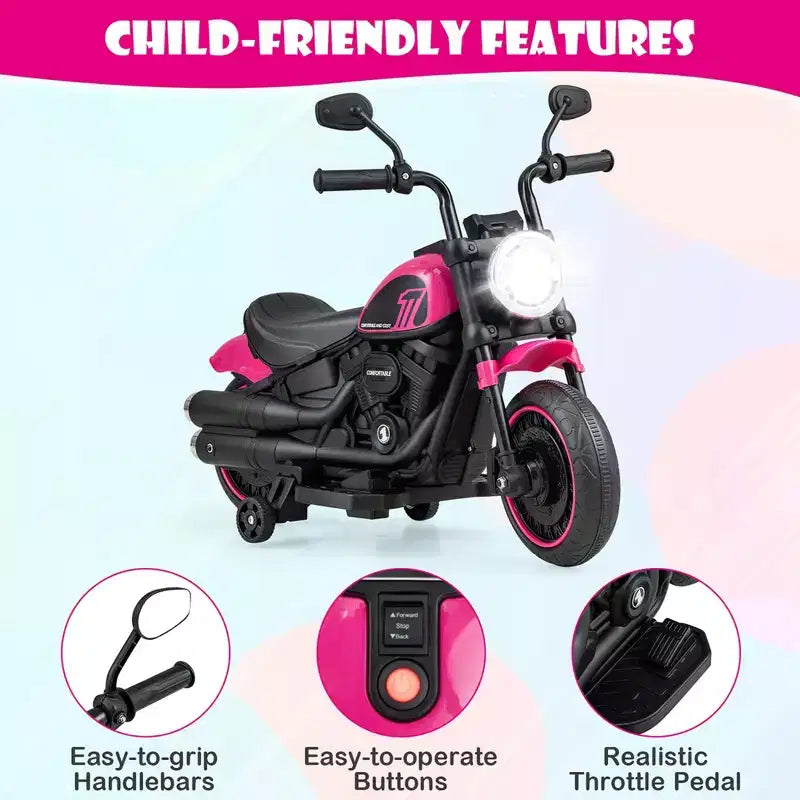 Costway 6V Kids Electric Motorcycle with Training Wheels LED Headlights Music Board Blue/Pink/Red