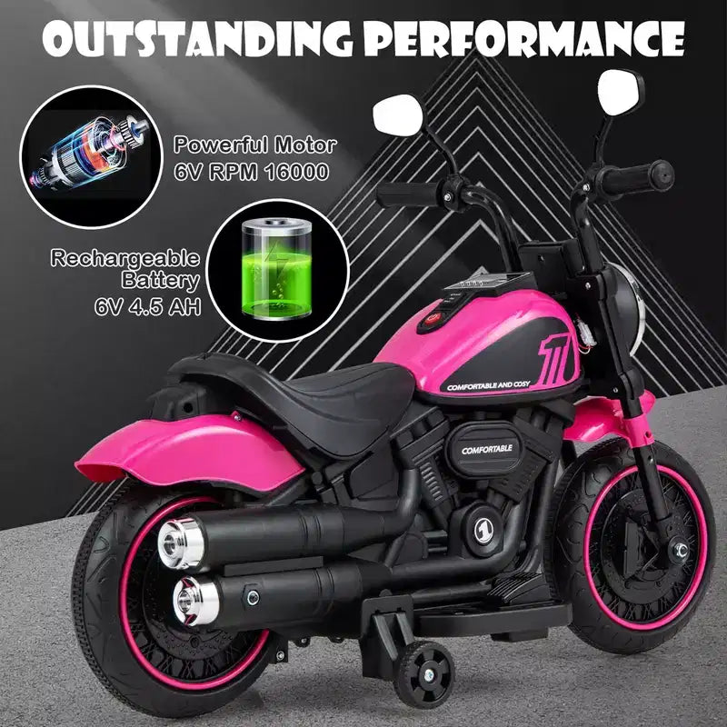 Costway 6V Kids Electric Motorcycle with Training Wheels LED Headlights Music Board Blue/Pink/Red