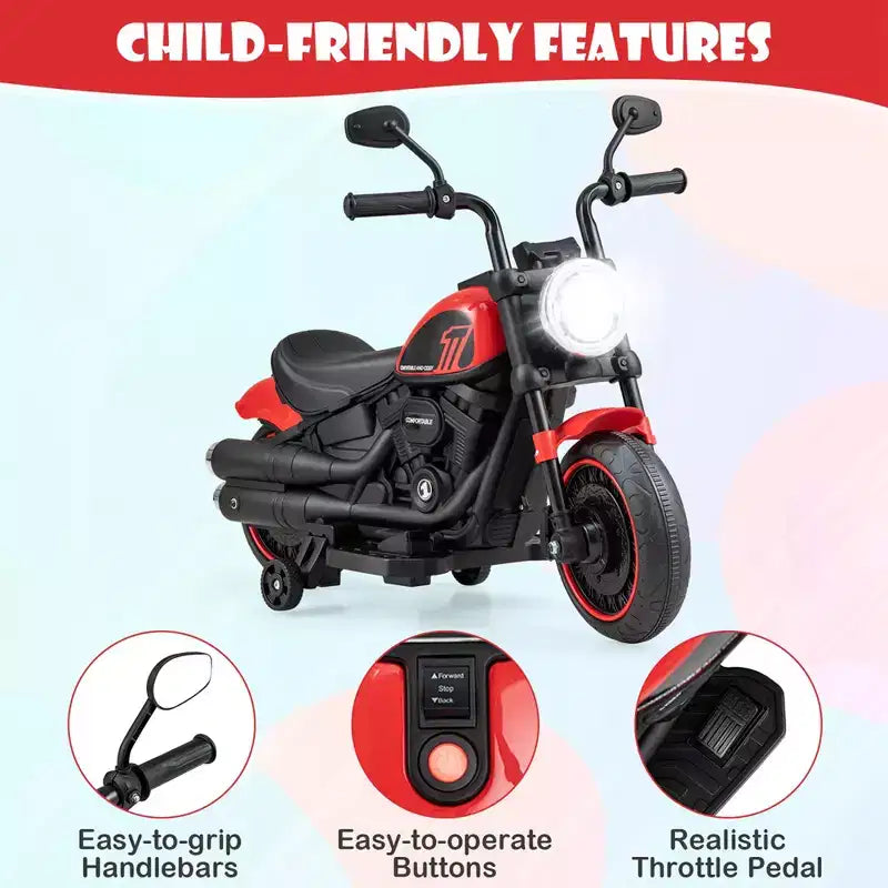 Costway 6V Kids Electric Motorcycle with Training Wheels LED Headlights Music Board Blue/Pink/Red