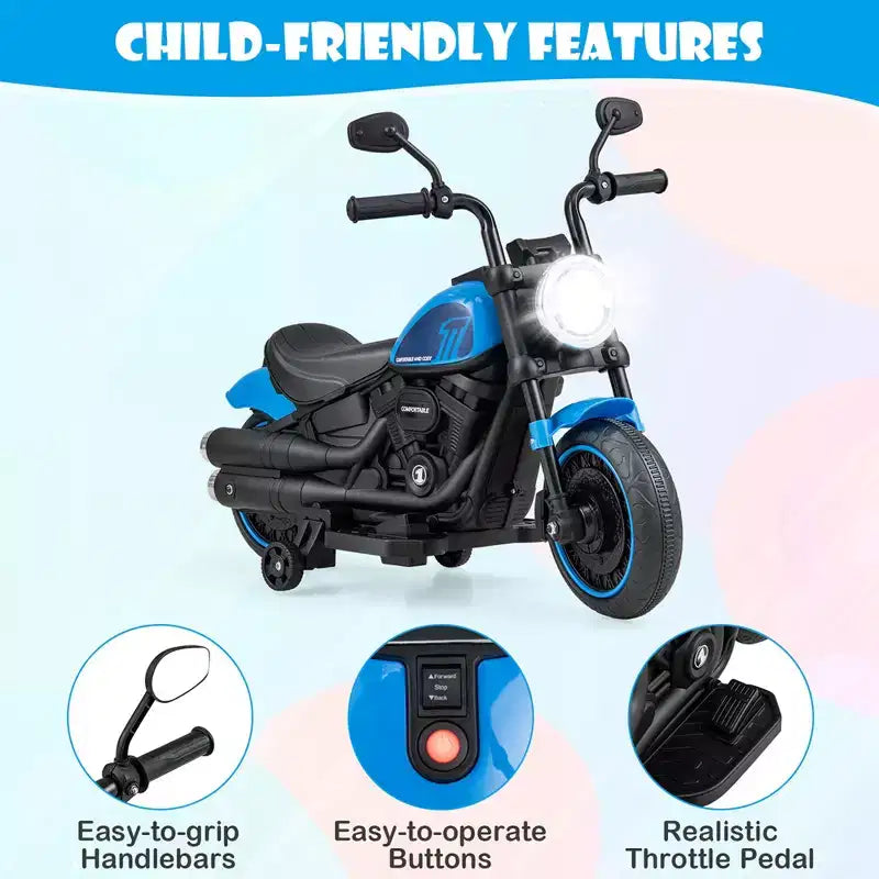 Costway 6V Kids Electric Motorcycle with Training Wheels LED Headlights Music Board Blue/Pink/Red