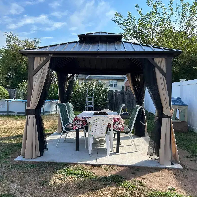 PURPLE LEAF Outdoor Hardtop Gazebo Metal Frame Galvanized Steel Double Roof with Curtains and Nettings for Patio Desk Backyard Bronze