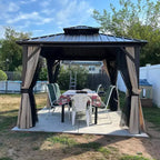 PURPLE LEAF Outdoor Hardtop Gazebo Metal Frame Galvanized Steel Double Roof with Curtains and Nettings for Patio Desk Backyard Bronze