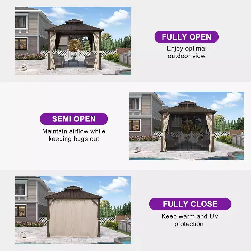 PURPLE LEAF Outdoor Hardtop Gazebo Metal Frame Galvanized Steel Double Roof with Curtains and Nettings for Patio Desk Backyard Bronze