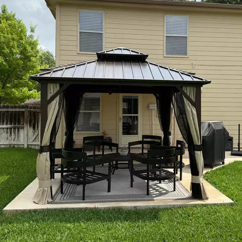PURPLE LEAF Outdoor Hardtop Gazebo Metal Frame Galvanized Steel Double Roof with Curtains and Nettings for Patio Desk Backyard Bronze
