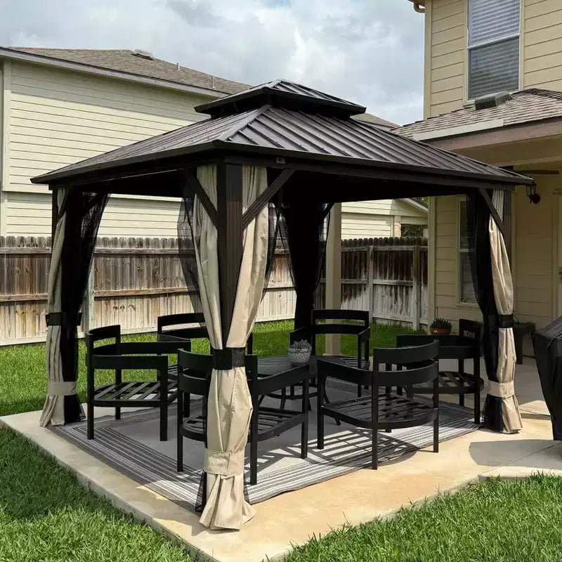 PURPLE LEAF Outdoor Hardtop Gazebo Metal Frame Galvanized Steel Double Roof with Curtains and Nettings for Patio Desk Backyard Bronze