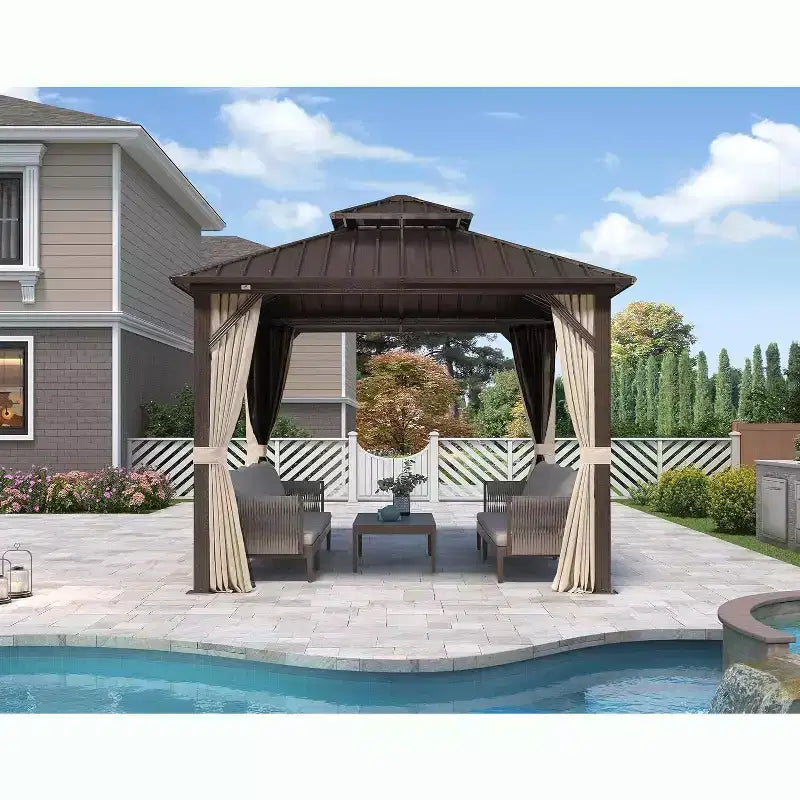 PURPLE LEAF Outdoor Hardtop Gazebo Metal Frame Galvanized Steel Double Roof with Curtains and Nettings for Patio Desk Backyard Bronze