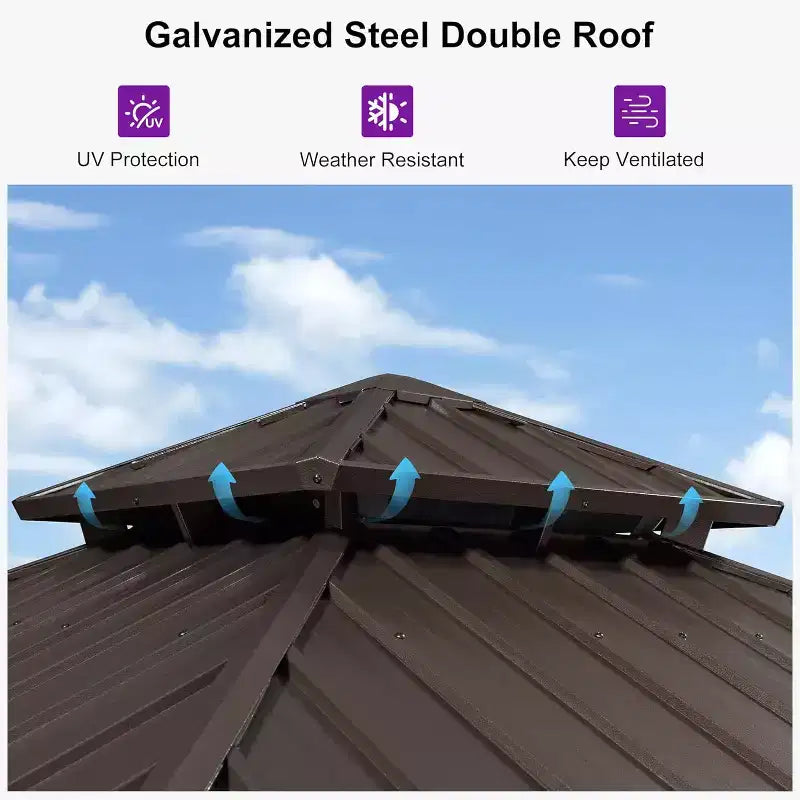 PURPLE LEAF Outdoor Hardtop Gazebo Metal Frame Galvanized Steel Double Roof with Curtains and Nettings for Patio Desk Backyard Bronze