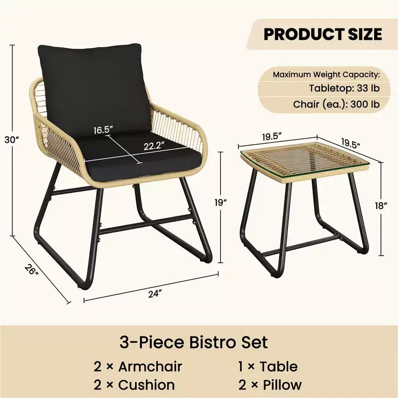 Yaheetech Set of 3 Patio Bistro Set with Cushions & Pillows for Balcony, Porch, Backyard