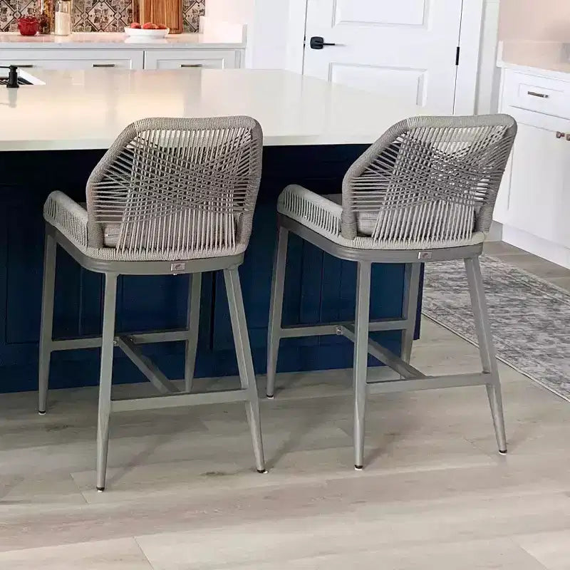 PURPLE LEAF Bar Stools Set of 2 Height Metal Bar Chairs with Back Modern Aluminum Tall Comfy Wicker Woven Boho Barstools Garden Pool Patio Outdoor