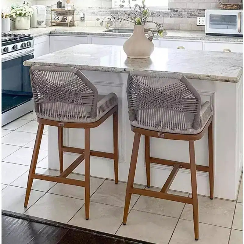 PURPLE LEAF Bar Stools Set of 2 Height Metal Bar Chairs with Back Modern Aluminum Tall Comfy Wicker Woven Boho Barstools Garden Pool Patio Outdoor