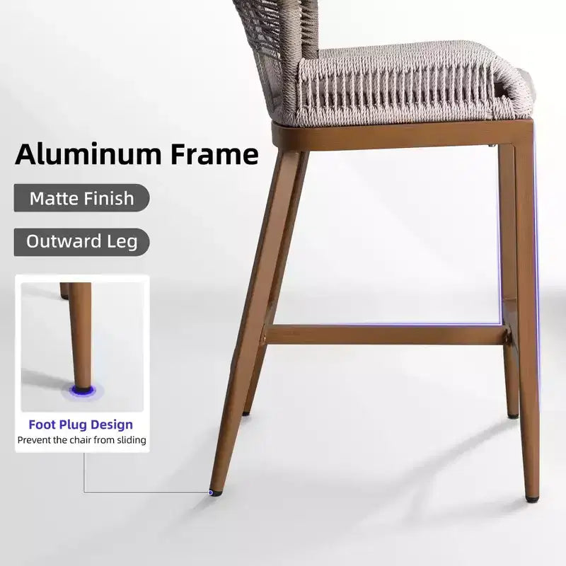 PURPLE LEAF Bar Stools Set of 2 Height Metal Bar Chairs with Back Modern Aluminum Tall Comfy Wicker Woven Boho Barstools Garden Pool Patio Outdoor