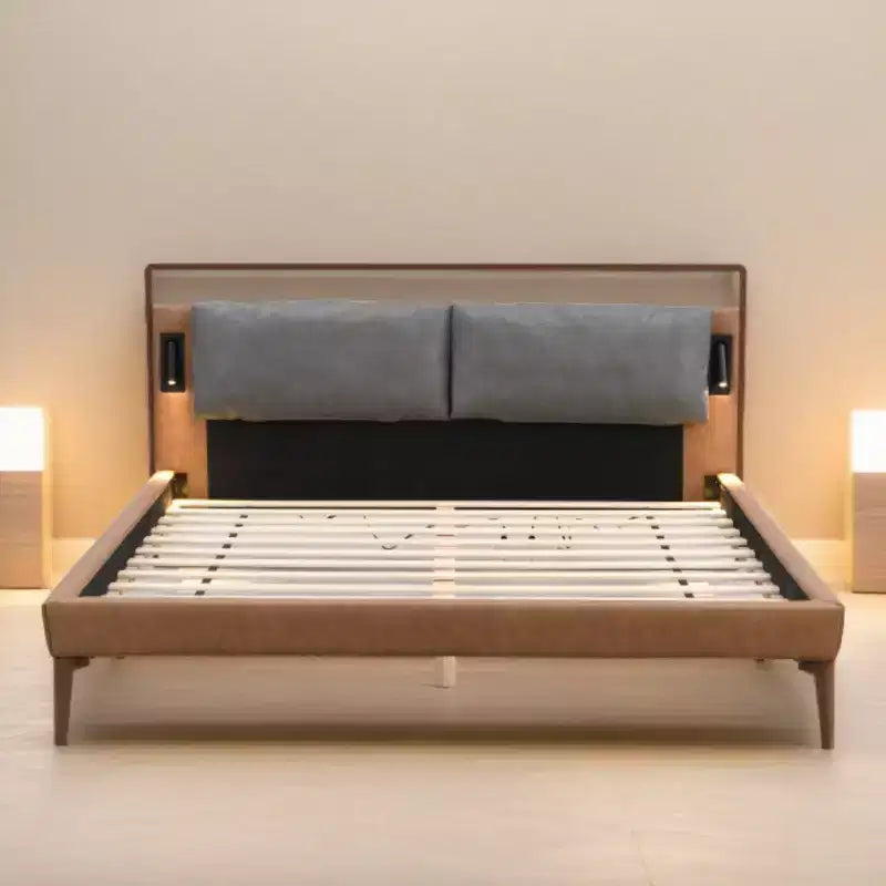Full/Queen/King Size Wood Platform Bed Frame with PU Upholstered Headboard and 2 Night Lights, Brown+Gray -Christopher Knight Home