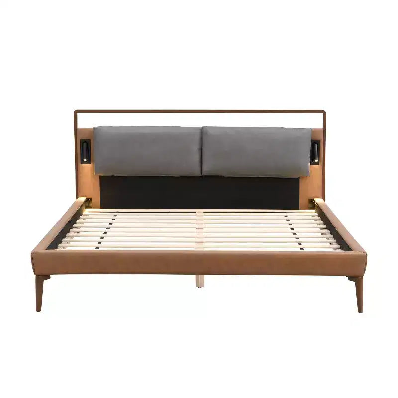Full/Queen/King Size Wood Platform Bed Frame with PU Upholstered Headboard and 2 Night Lights, Brown+Gray -Christopher Knight Home