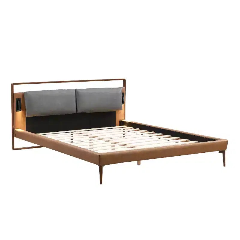 Full/Queen/King Size Wood Platform Bed Frame with PU Upholstered Headboard and 2 Night Lights, Brown+Gray -Christopher Knight Home