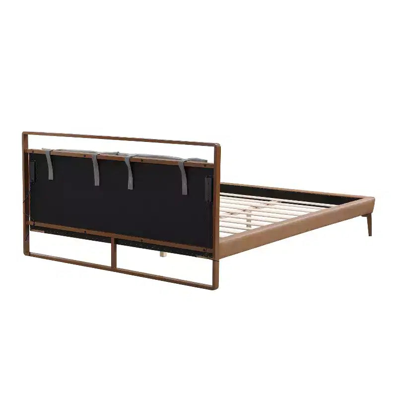 Full/Queen/King Size Wood Platform Bed Frame with PU Upholstered Headboard and 2 Night Lights, Brown+Gray -Christopher Knight Home