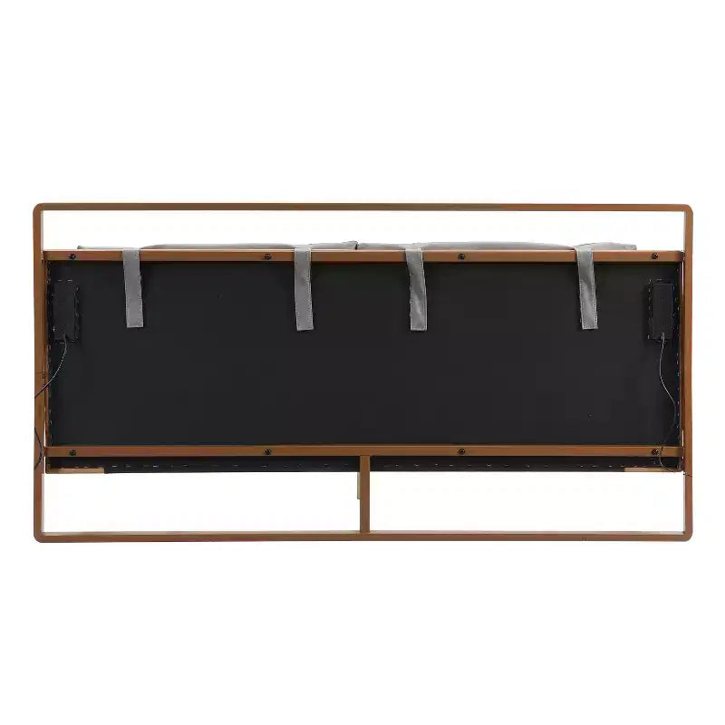 Full/Queen/King Size Wood Platform Bed Frame with PU Upholstered Headboard and 2 Night Lights, Brown+Gray -Christopher Knight Home