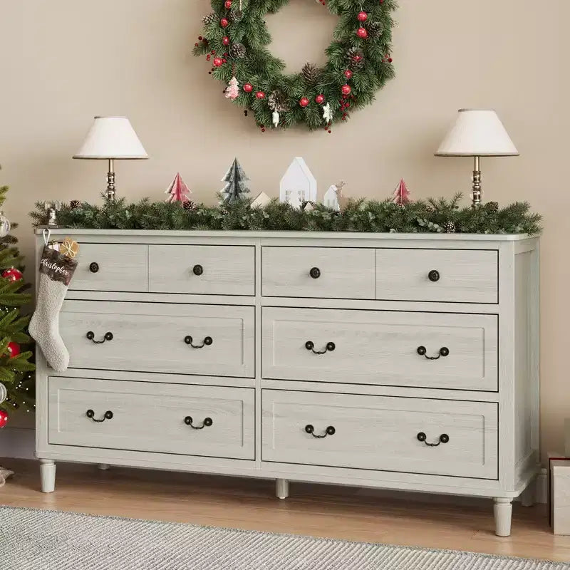 Heynemo Large 6 Drawer Dresser for Bedroom, 58 Wide Modern Chest of Drawers, Dresser TV Stand with Metal Handle, Wood Drawer Organizer, Grey Light