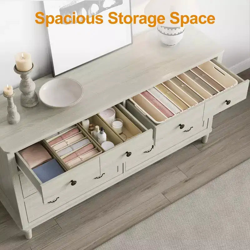Heynemo Large 6 Drawer Dresser for Bedroom, 58 Wide Modern Chest of Drawers, Dresser TV Stand with Metal Handle, Wood Drawer Organizer, Grey Light