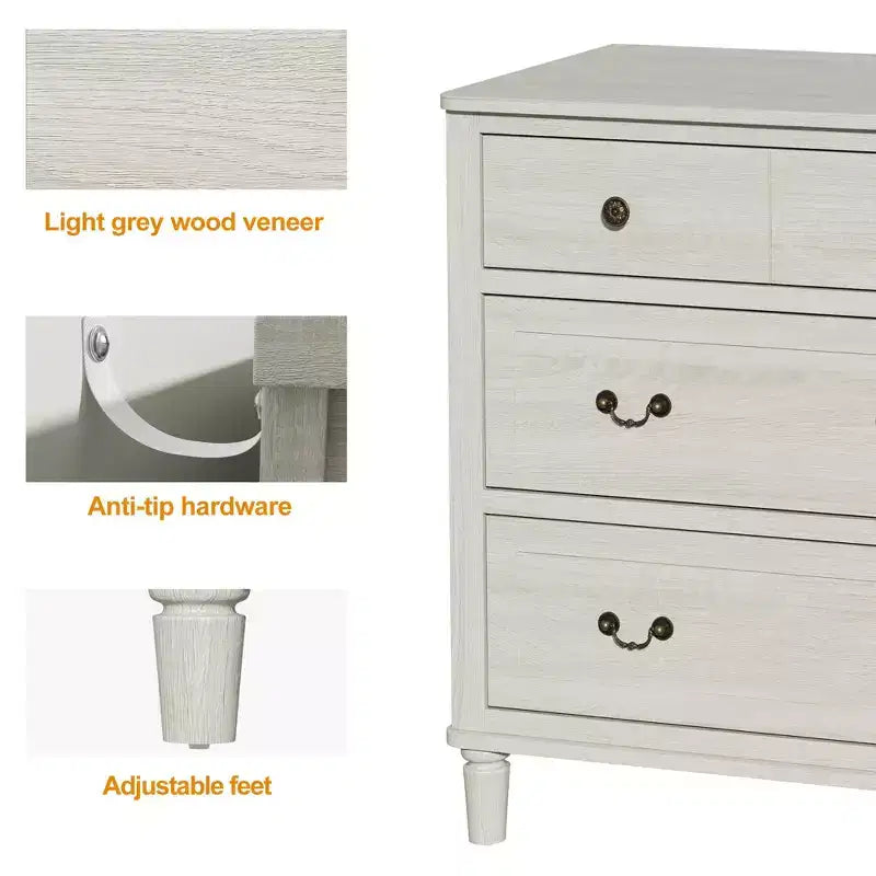 Heynemo Large 6 Drawer Dresser for Bedroom, 58 Wide Modern Chest of Drawers, Dresser TV Stand with Metal Handle, Wood Drawer Organizer, Grey Light