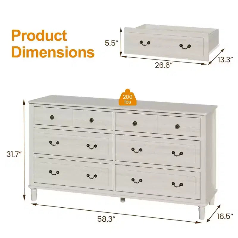 Heynemo Large 6 Drawer Dresser for Bedroom, 58 Wide Modern Chest of Drawers, Dresser TV Stand with Metal Handle, Wood Drawer Organizer, Grey Light