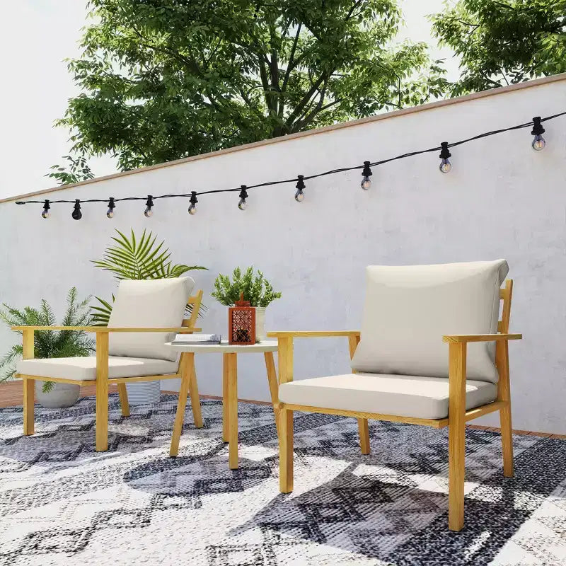 Outsunny 3 Piece Patio Set, Wood Effect Metal Bistro Set, Round Steel Table and Wide and Deep Chairs with Cushions, Small Patio Furniture, Cream White