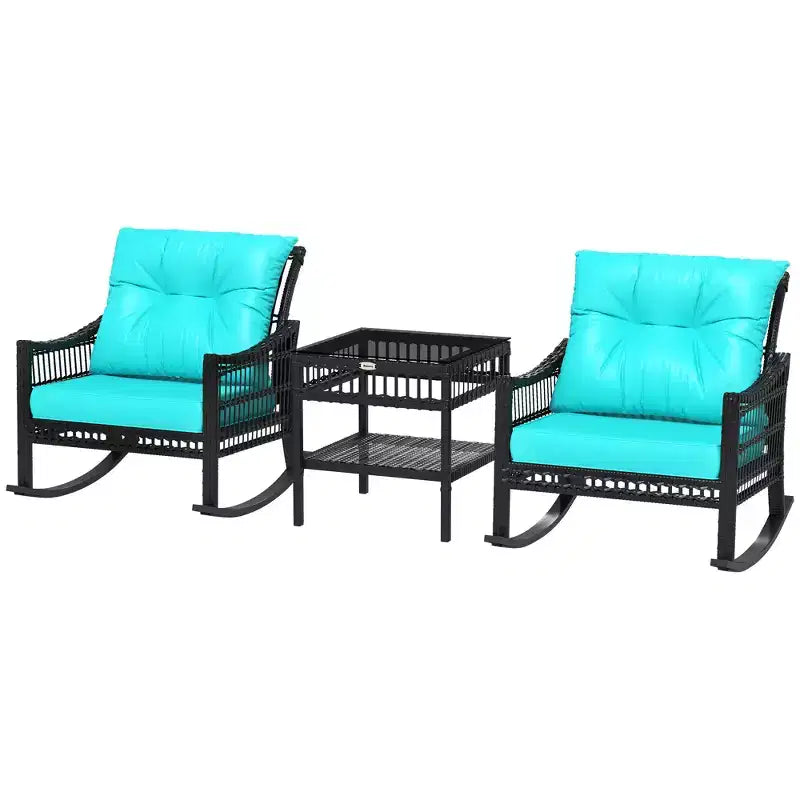 Outsunny Wicker Outdoor Rocking Chair Set, 3 Piece Patio Furniture Set with Padded Cushions and Storage Table, 2-Seater Rattan Bistro Set