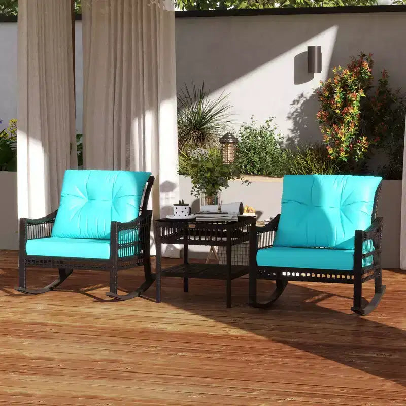 Outsunny Wicker Outdoor Rocking Chair Set, 3 Piece Patio Furniture Set with Padded Cushions and Storage Table, 2-Seater Rattan Bistro Set